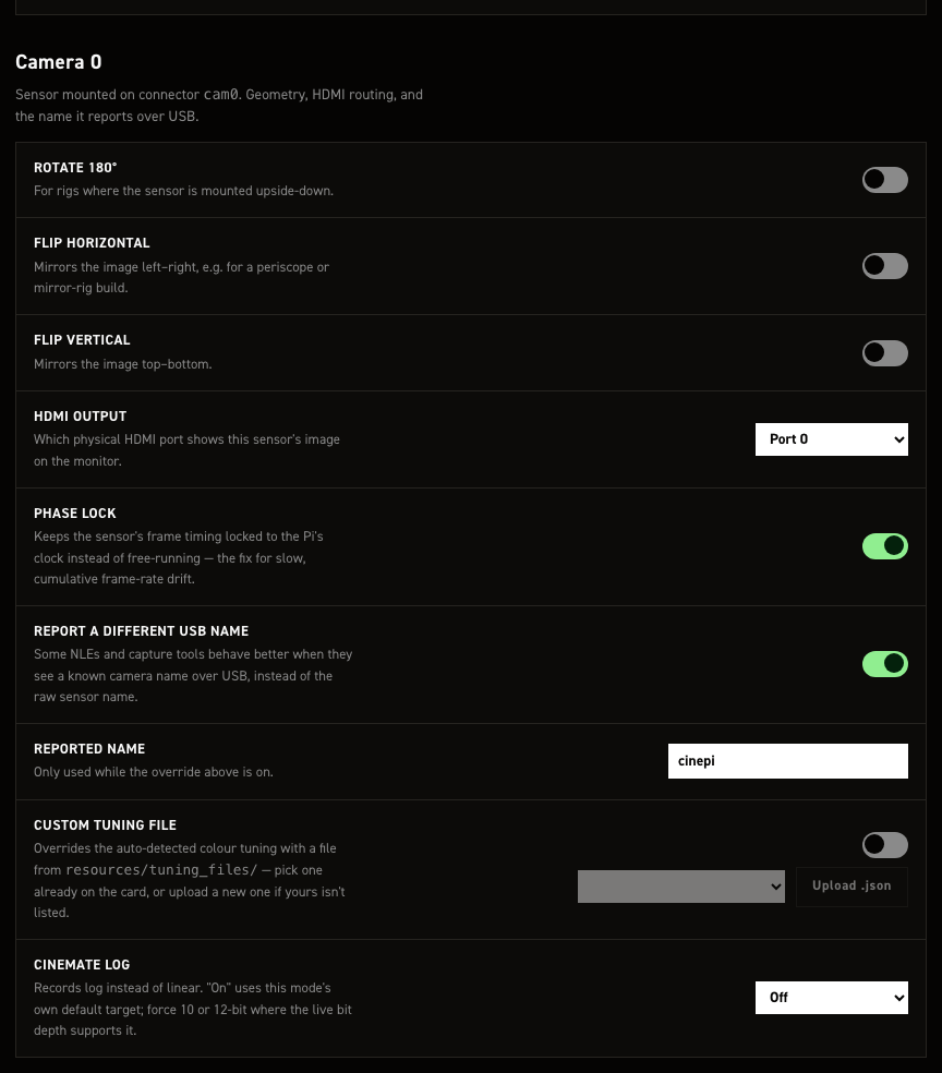 Cameras section of the CineMate settings editor