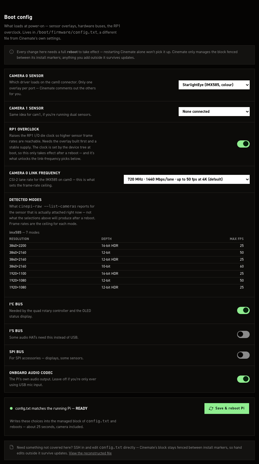 The config.txt tab of the CineMate settings editor