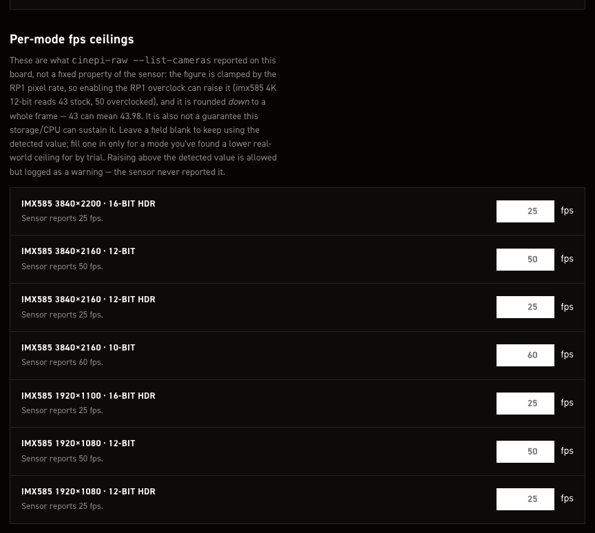 Per-mode fps ceilings section of the CineMate settings editor