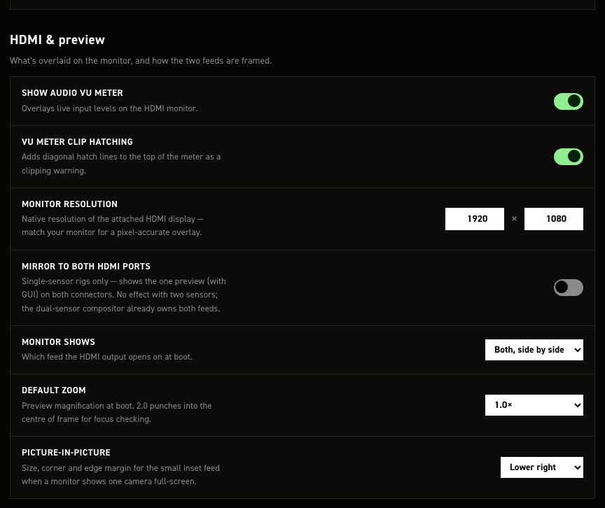 HDMI & preview section of the CineMate settings editor