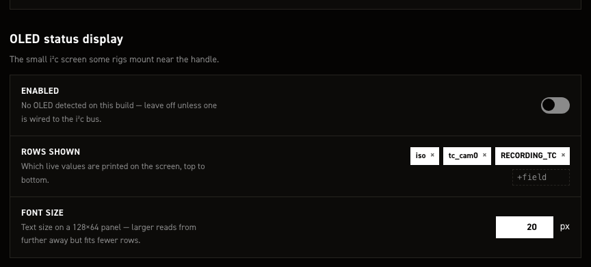 OLED status display section of the CineMate settings editor