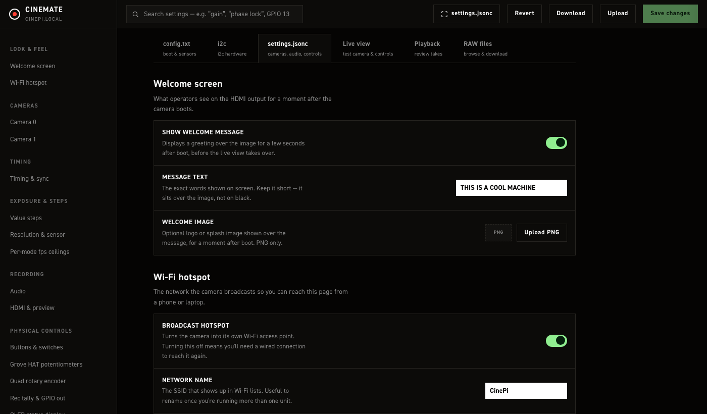 The CineMate settings editor