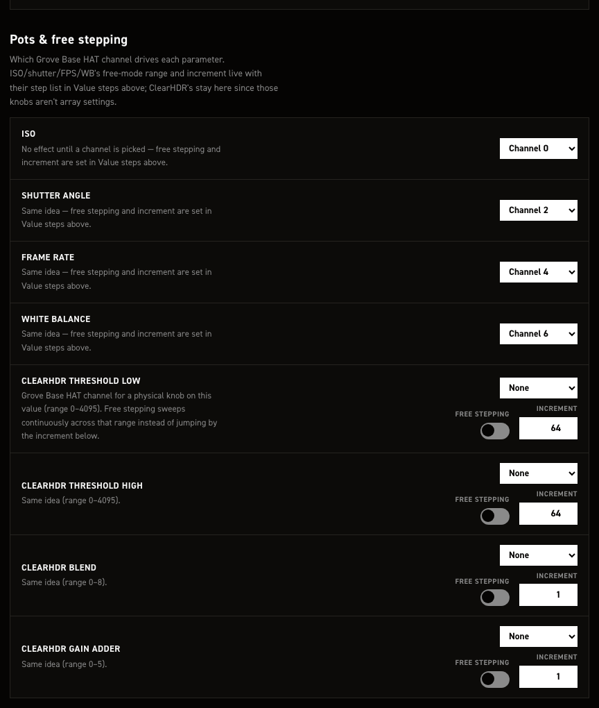 Grove HAT potentiometers section of the CineMate settings editor