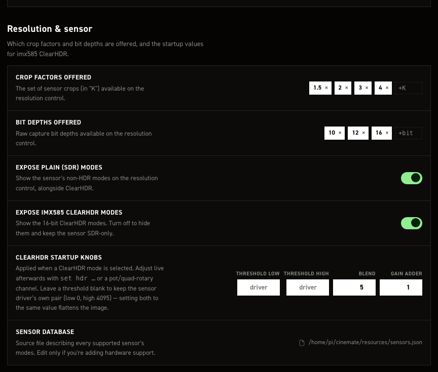 Resolution & sensor section of the CineMate settings editor