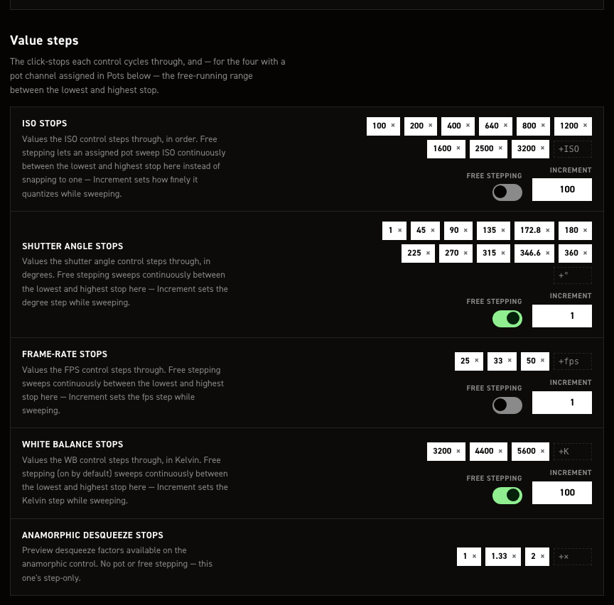 Value steps section of the CineMate settings editor
