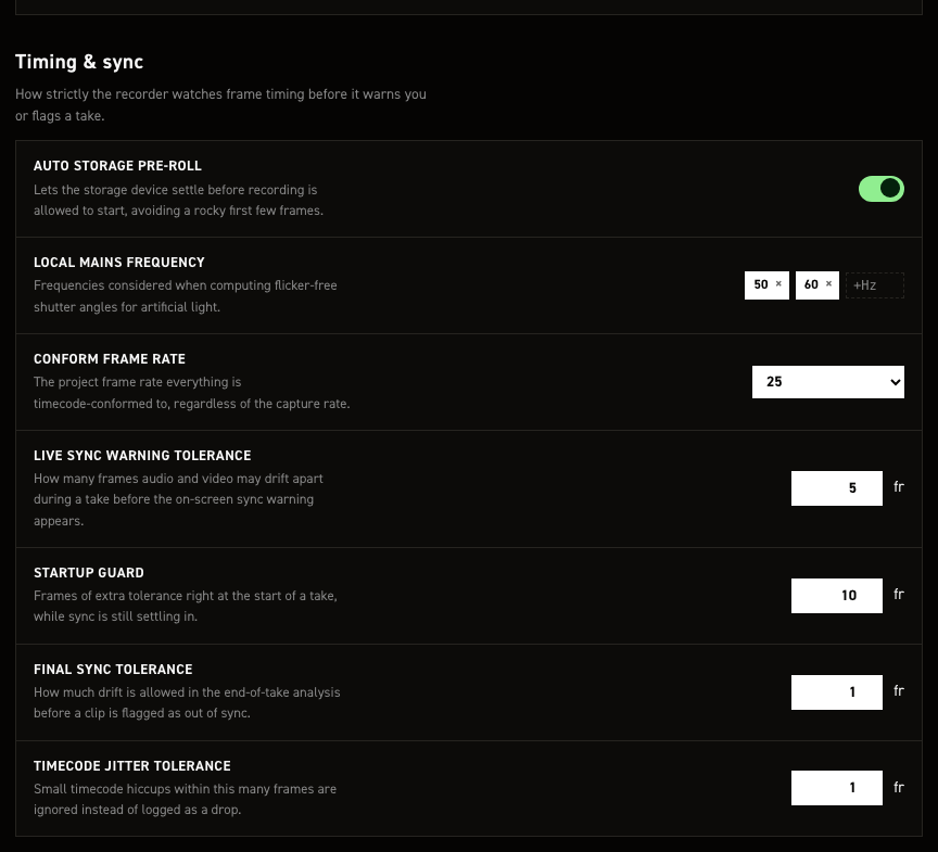 Timing & sync section of the CineMate settings editor