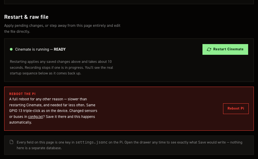 Restart and log output section of the CineMate settings editor