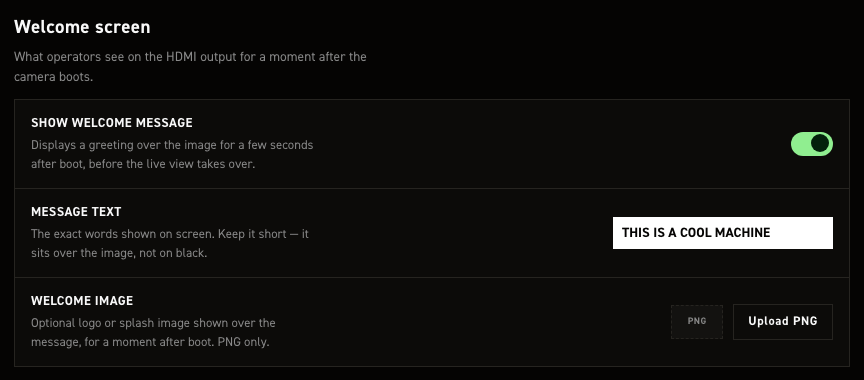 Welcome screen section of the CineMate settings editor