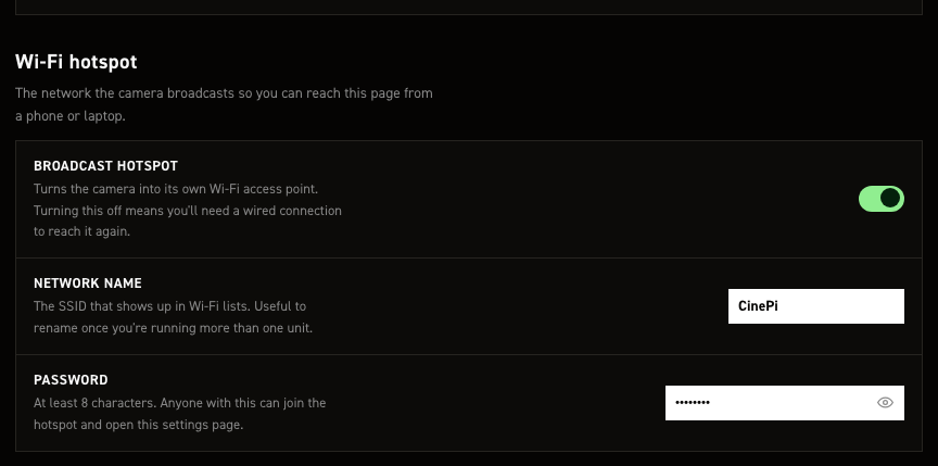 Wi-Fi hotspot section of the CineMate settings editor